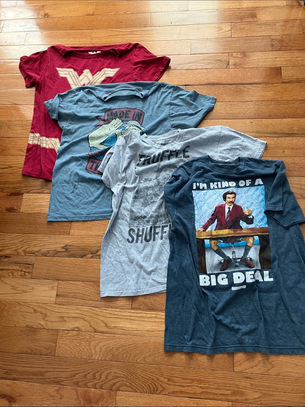 Bundle of 4 Novelty Tee Shirts - Anchorman, Goonies, Popeye, WW - L / XL